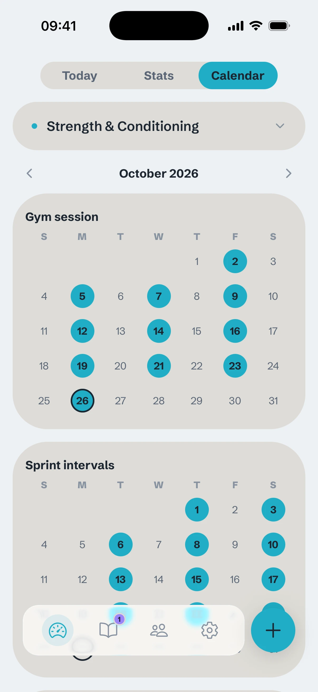Trabit's Calendar view: a month calendar per habit, with completed days filled in.