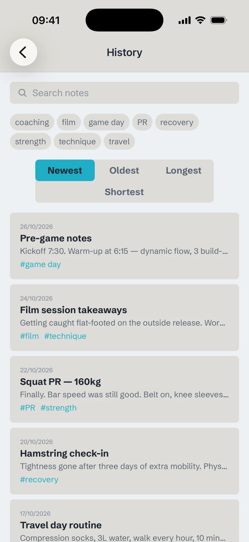 Trabit's notebook history: searchable notes with tags like game day, film and strength.